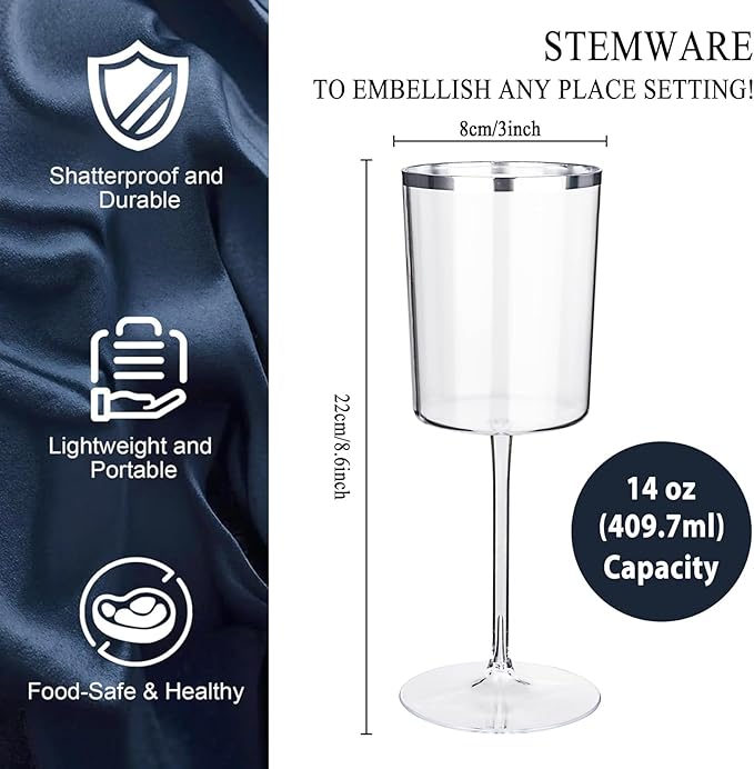 Ciaell 12 Pack Plastic Wine Glasses - 14 Oz Plastic Wine Glasses with Stem - Square Silver