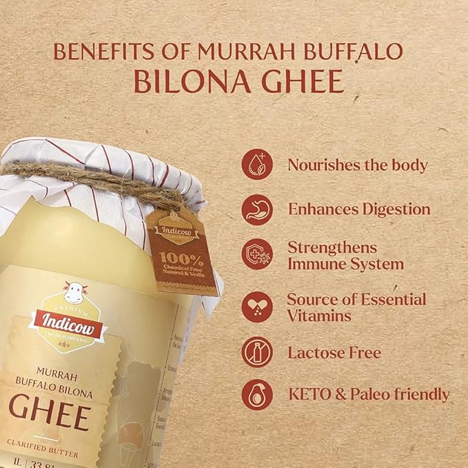Indicow Murrah Buffalo Desi Ghee | Grass Fed Buffalo| Pure Authentic Vedic (1000ML(33.8oz), Buffalo
