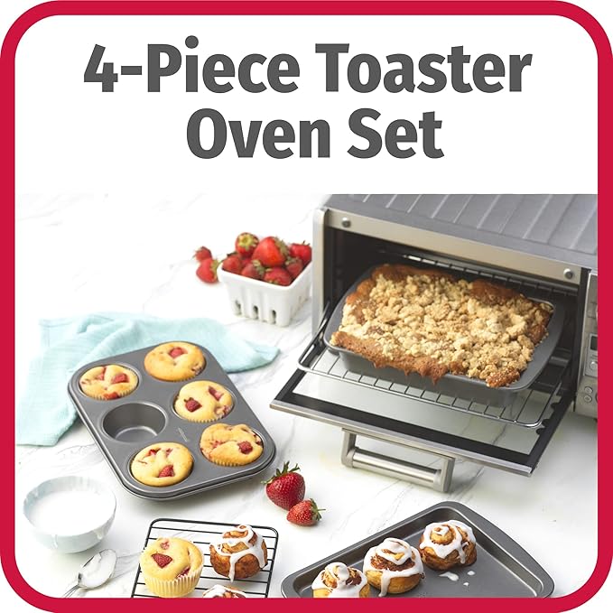 GoodCook 4-Piece Nonstick Steel Toaster Oven Set with Sheet Pan, Rack, Cake Pan, and Muffin Pan