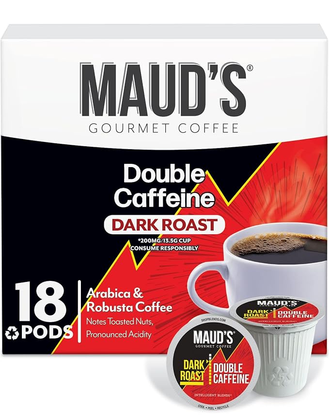 Maud's Double Caffeine Coffee Pods, 18 ct, Dark Roast Coffee in Recyclable Single Serve Pods – 100%