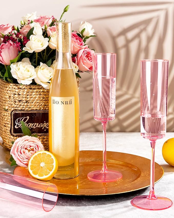 Ciaell 24 Pack Pink Plastic Champagne Flutes - Pink 6 Oz Disposable Champagne Glasses - Square