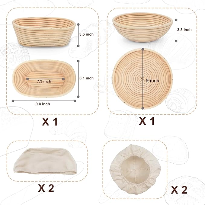 Banneton Bread Proofing Basket,9 Inch Round + 9.8 Inch Oval Sourdough Proofing Baskets with