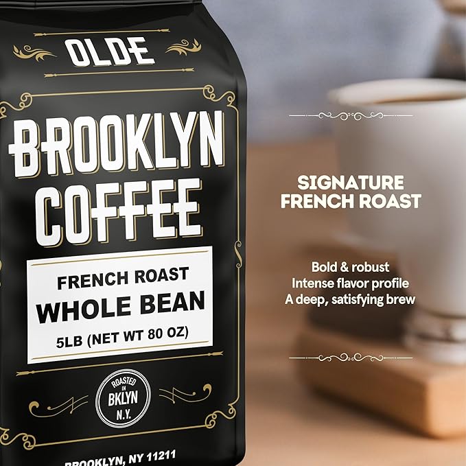 BROOKLYN COFFEE Whole Bean, French Dark Roast (5lb) Silky Smooth, Bold, Balanced - Fresh Bulk