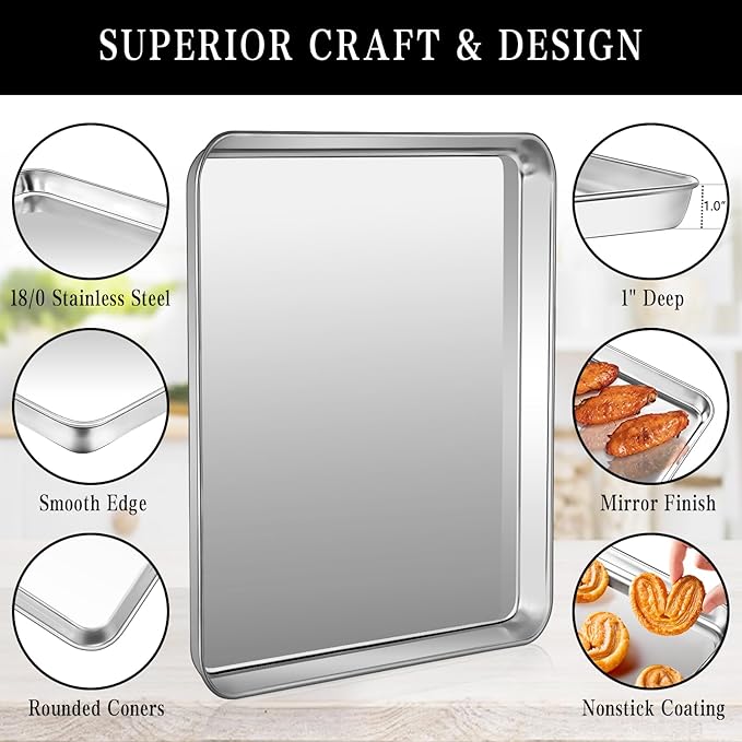 Stainless Steel Baking Sheet Set, 2 Pcs Cookie Sheet Pan Baking Trays for Oven, Non Stick and Heavy