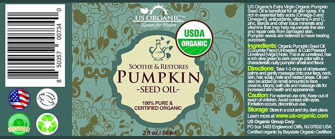 US Organic Pumpkin Seed Oil, USDA Certified Organic, Pure, Natural, Cold Pressed Virgin, Unrefined