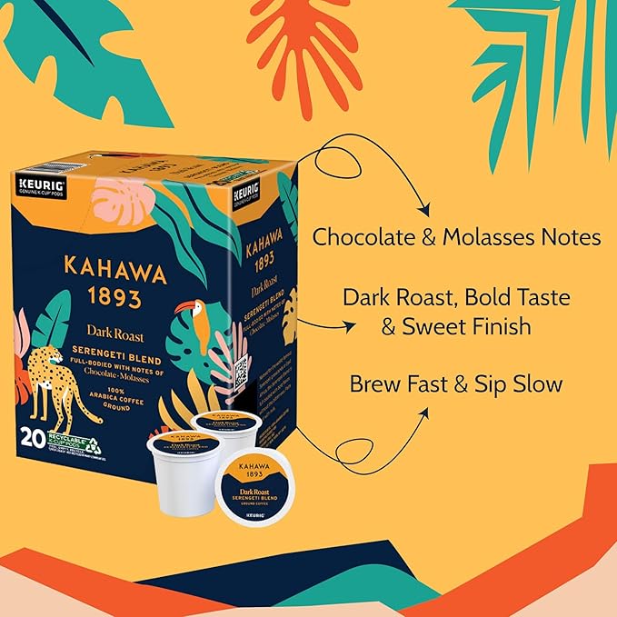 Kahawa 1893 Dark Roast Coffee K-Cup Pods Serengeti Blend (20 Count) - As Seen on Shark Tank, Low