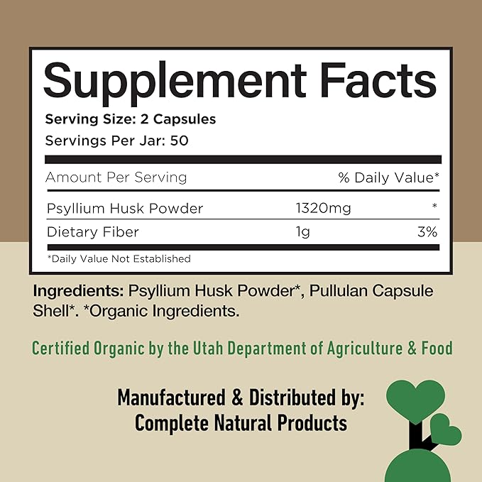 Pure Natural Whole Psyllium Husk Powder Capsules - 660mg Capsules 100 Pure Unflavored Fiber & Colon
