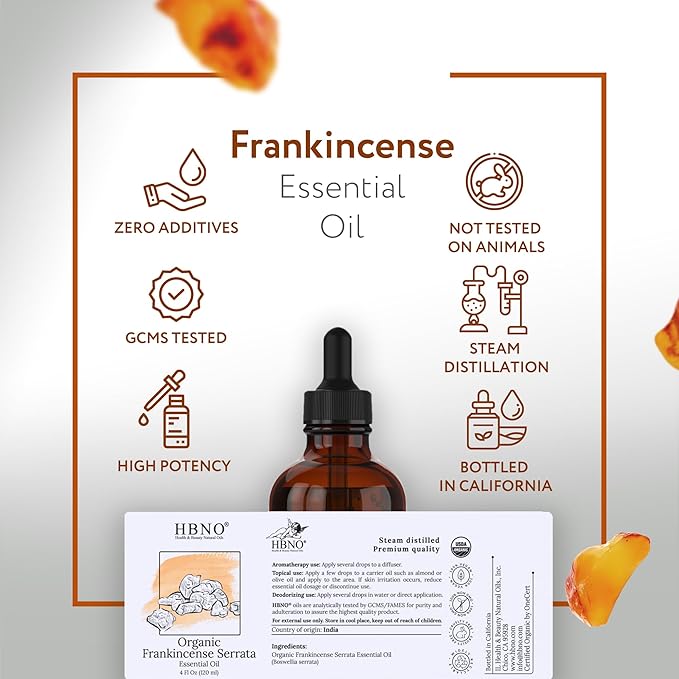 HBNO California Bottled Organic Frankincense Essential Oil 4 fl oz (120ml) - USDA Certified Oil