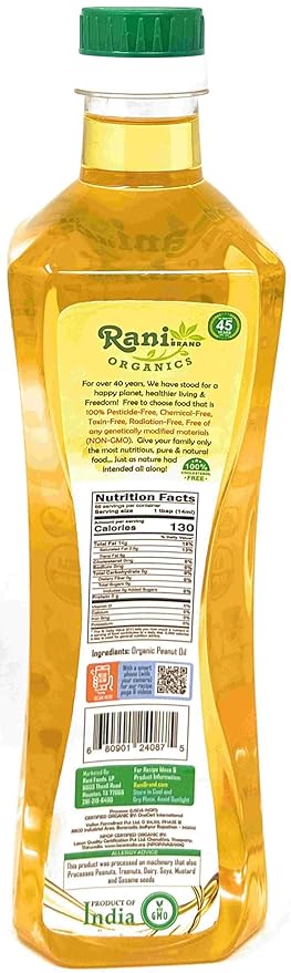 Rani Organic Peanut Oil 33.8 Ounce (1 Liter) Cold Pressed | 100% Natural | NON-GMO | Kosher | Vegan