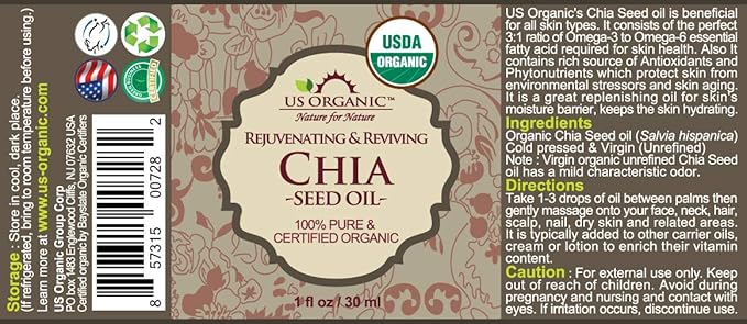 US Organic Chia Seed Oil, Certified Organic, Pure & Natural, Cold Pressed Virgin, Unrefined