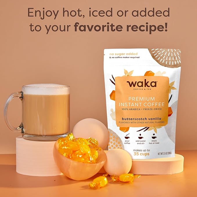 Waka Premium Instant Coffee — Butterscotch Vanilla Flavored — 100% Arabica Freeze Dried Beans — For