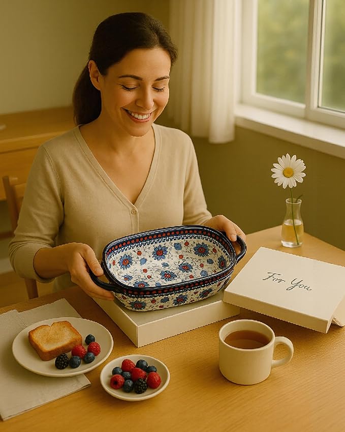 Ceramic Baking Dish Set of 2 ??Decorative Polish Pottery Style Casserole Dishes with Handles, Cute
