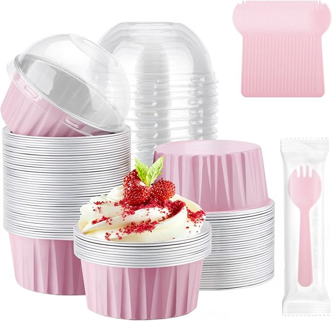 EUSOAR Disposable Creme Brulee Ramekins and Pink Spoons, 60pcs 5oz Mini Cake Cheesecake Pans with
