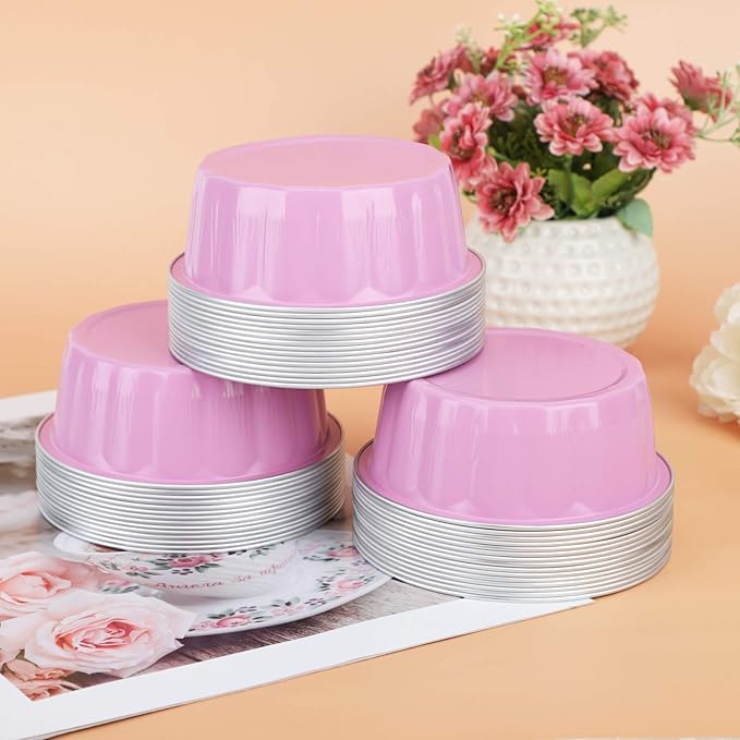 Beasea Disposable Ramekins with Lids Pink, 8oz 100 Pack Aluminum Cups for Baking, Aluminum Foil