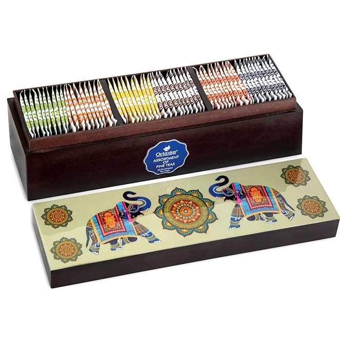 Octavius Gift's Select - Assorted Tea in Elephant Printed Wooden Box | 6 Flavors Black & Green, 60