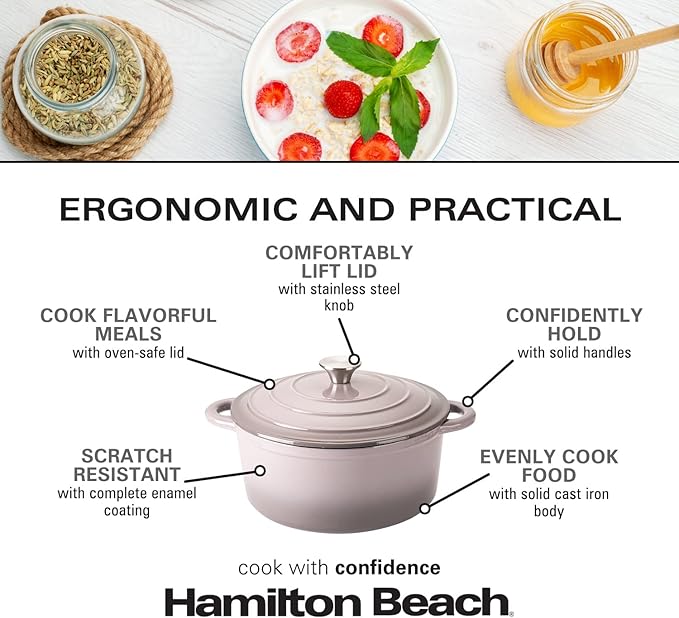 Hamilton Beach 5.5-Quart Enameled Cast Iron Dutch Oven with Lid | Heavy-Duty Pot for Braising