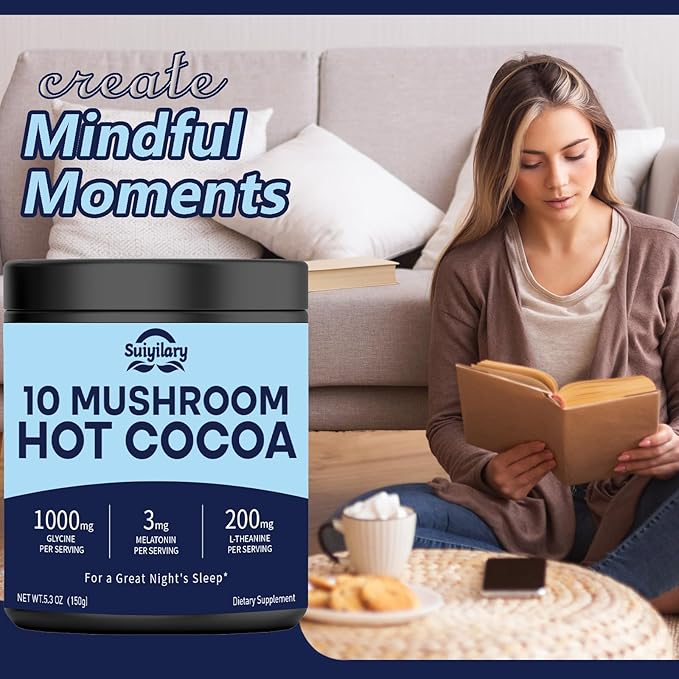 10 Mushroom Hot Cocoa, 3mg Melatonin Sleep Supplement, Sugar Free Keto Cocoa Powder, Nighttime