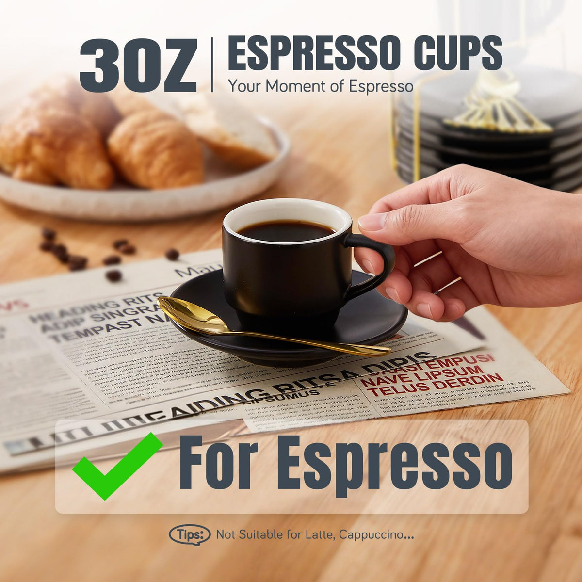 Lareina Porcelain 3-Ounce Espresso Cups Set of 6, Small Stackable Coffee Cups with Saucers, Spoons