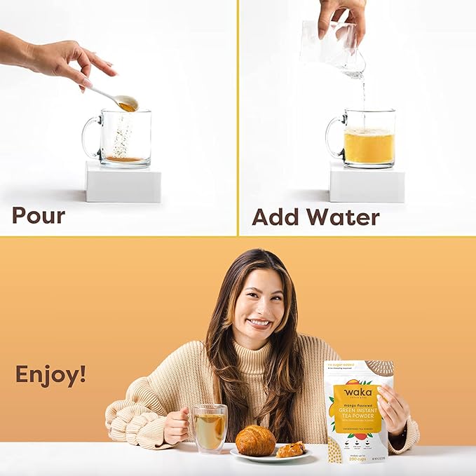 Waka Instant Green Tea Mix, Mango Flavored - 100% Tea Leaves, No Additives, Unsweetened