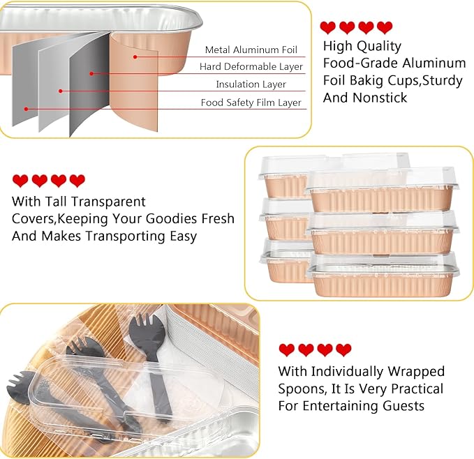 LNYZQUS Disposable Mini Cake Pans with Lids 50 Pack, 6.8oz Rectangle Baking Cups Muffin Tins