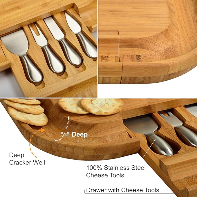 Picnic at Ascot Bamboo Cutting Board for Cheese & Charcuterie with Knife Set & Cheese Markers