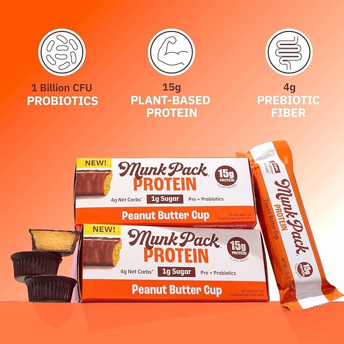 Munk Pack 15g Probiotic Keto Protein Bars - Low Sugar, High Protein -1g Sugar, 4g Net Carbs. Vegan