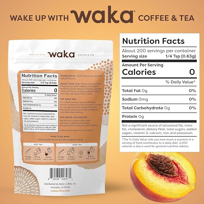 Waka Instant Black Tea Mix, Peach Flavored - 100% Tea Leaves, No Additives, Unsweetened Tea Powder
