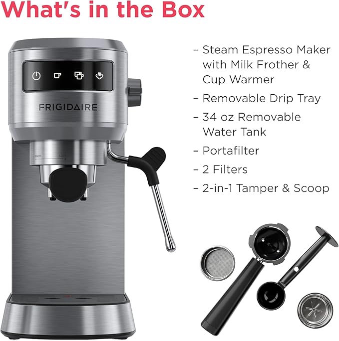 Frigidaire Steam Espresso Maker, Coffee Machine with Milk Frother & Cup Warmer, 20 Bar Pressure, 34