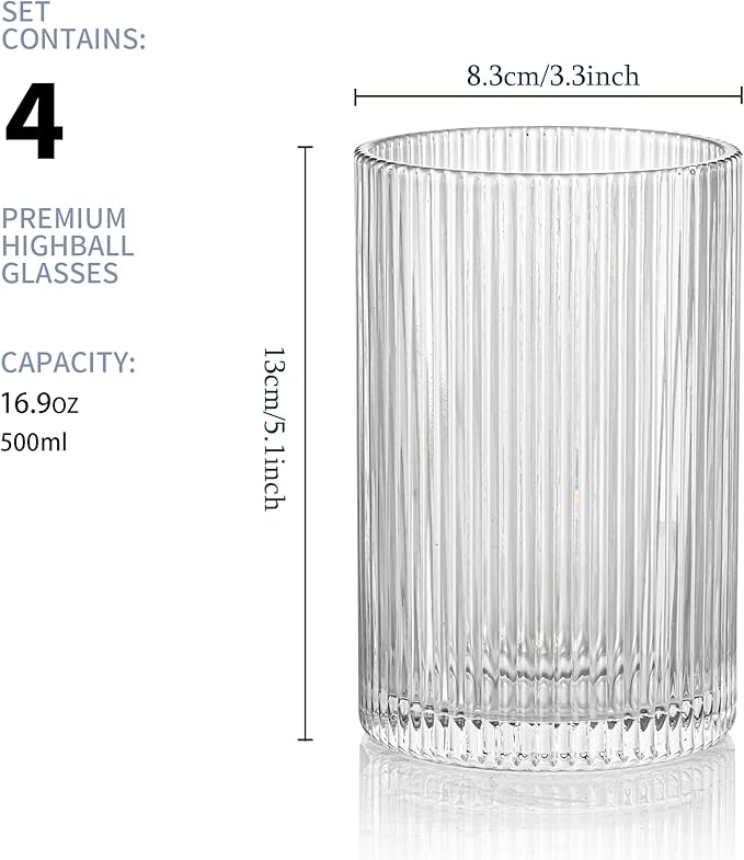 Vintage Ribbed Glassware Set: 4pcs 16.9oz XL Drinking Glasses, Fluted Ripple Drinkware, Origami