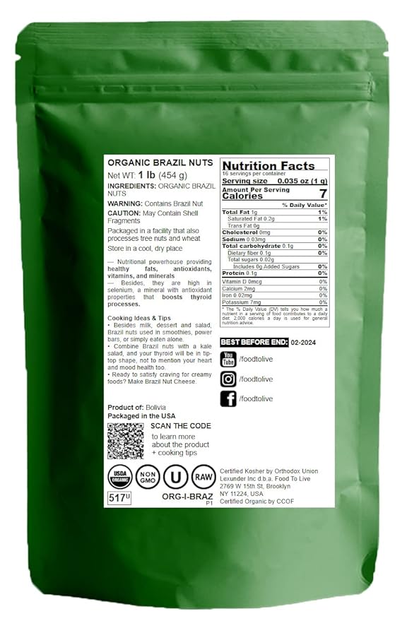 Food to Live - Organic Brazil Nuts, 1 Pound Non-GMO, Raw, Whole, No Shell, Unsalted, Kosher, Vegan