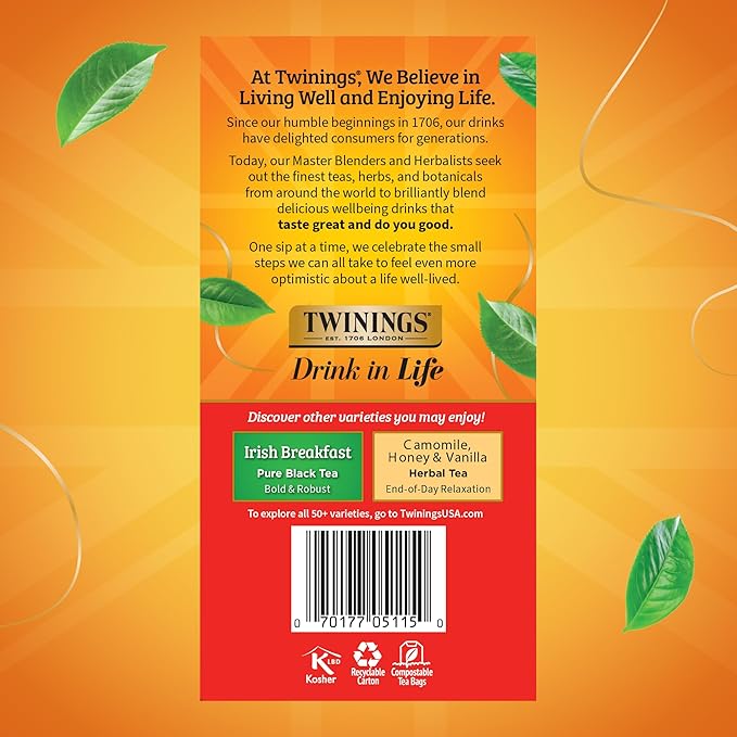 Twinings English Breakfast Black Tea Individually Wrapped Bags, 50 Count (Pack of 6), Flavourful