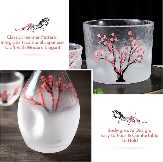 DUJUST Japanese Sake Set for 4, Handcraft Pink Cherry Blossoms Design, 1 Sake Bottle, 1 Sake Tank