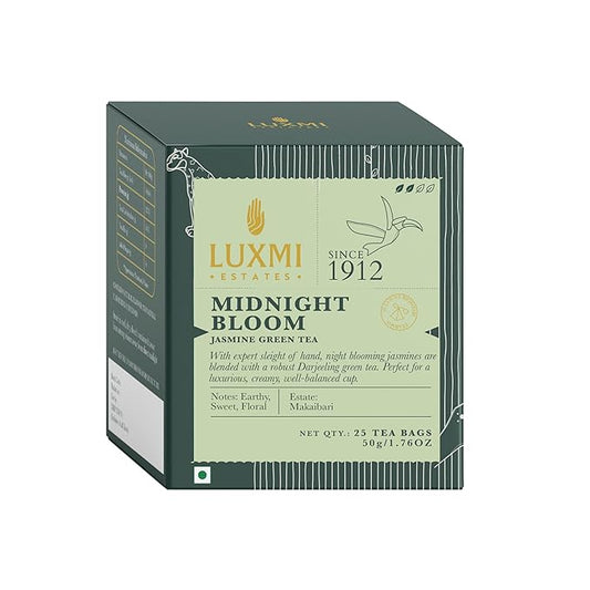 Luxmi Estates Midnight Bloom Organic Jasmine Tea (25 Tea Bags) Mildly Caffeinated Tea Bags For