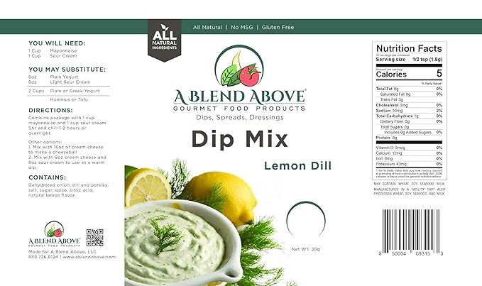 A Blend Above Lemon Dill Dip Mix Gourmet Food Product, 1 oz Packet (3 Pack), Gluten-Free, No MSG