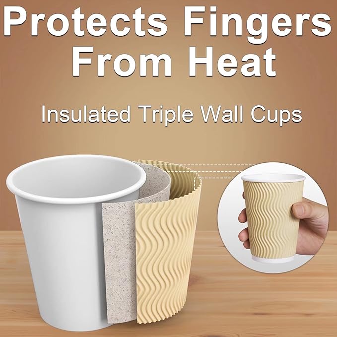 Hot 8 oz Disposable Insulated Corrugated Sleeve Ripple Wall Paper Coffee Cups for Drink, 100,8oz