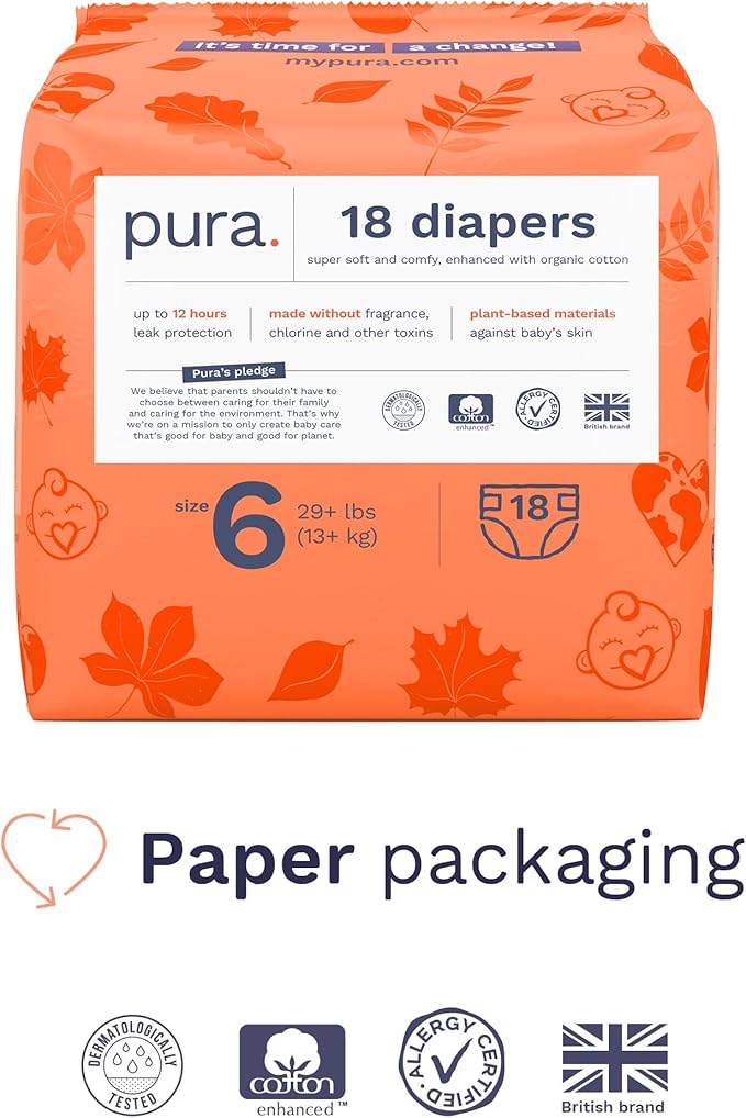 Pura Size 6 Eco-Friendly Diapers (29+ lbs) Totally Chlorine Free (TCF),Hypoallergenic, Soft Organic
