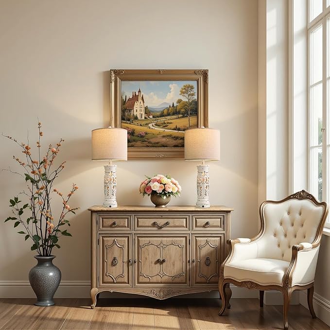 BOBOMOMO 27.25” Farmhouse Table Lamps Set of 2 – Antique White Bedside Lamps with Night Light & USB