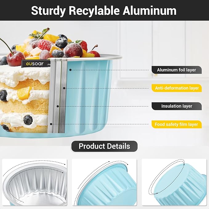 EUSOAR Cake Baking Cups, 100pcs 5oz 125ml Muffin Liners With Lids, Disposable Aluminum Ramekins