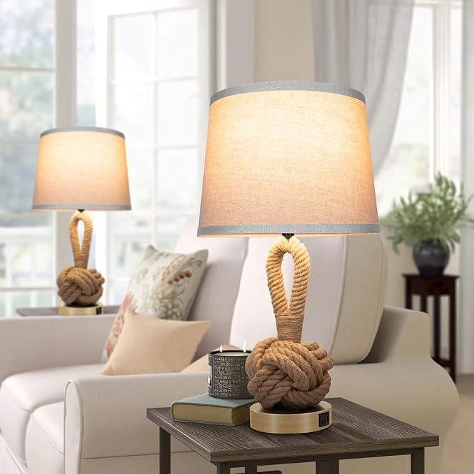 22" Rope Lamps for Night Stands, Bedside Lamps Set of 2, 3-Color Temperatures Boho Lamp with Rotary