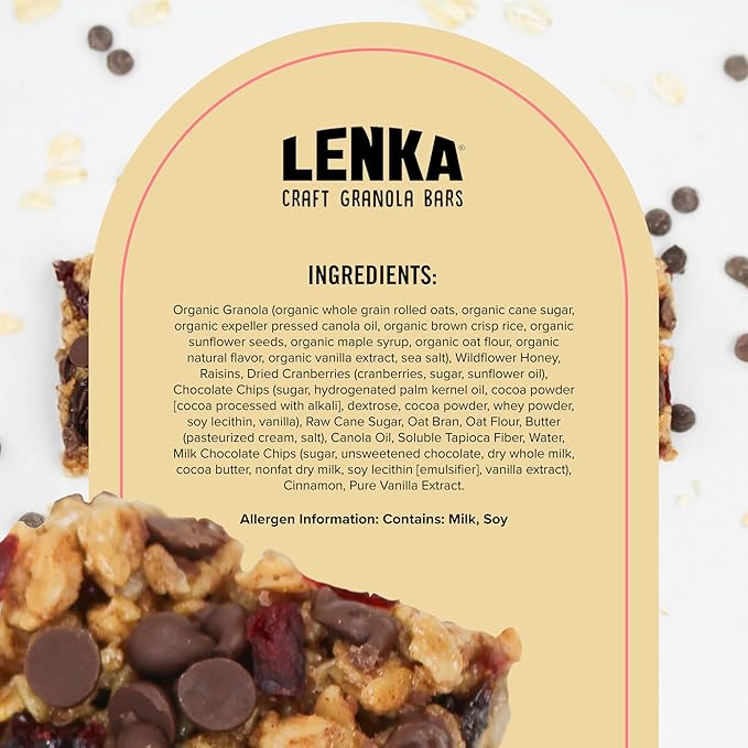 Lenka Bars - Cranberry Chocolate Snack Bars, Gluten Free, High Fiber, Kosher, Wholesome, No