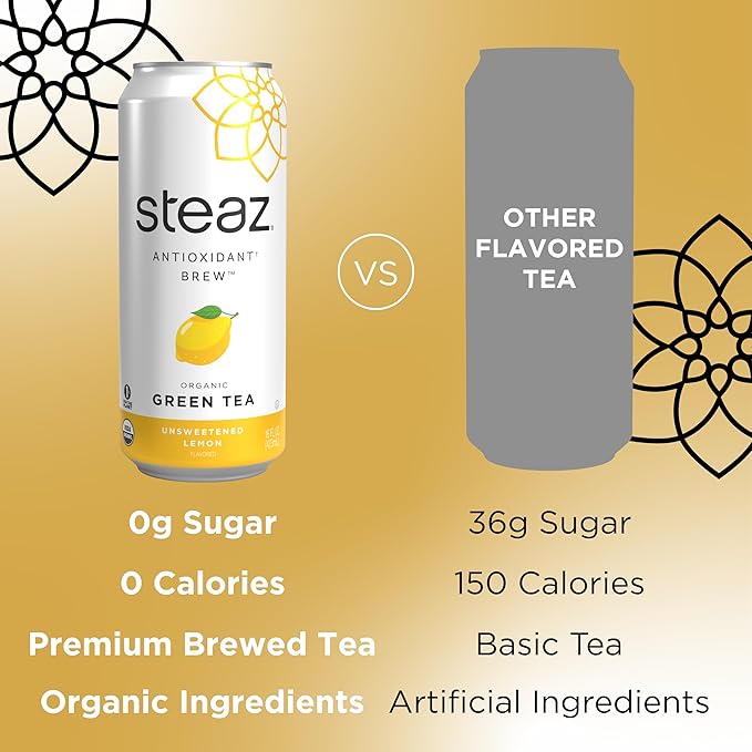 Steaz - Organic Green Tea - Unsweetened Lemon (12 Pack) - Antioxidant Brew - 65mg Natural Caffeine