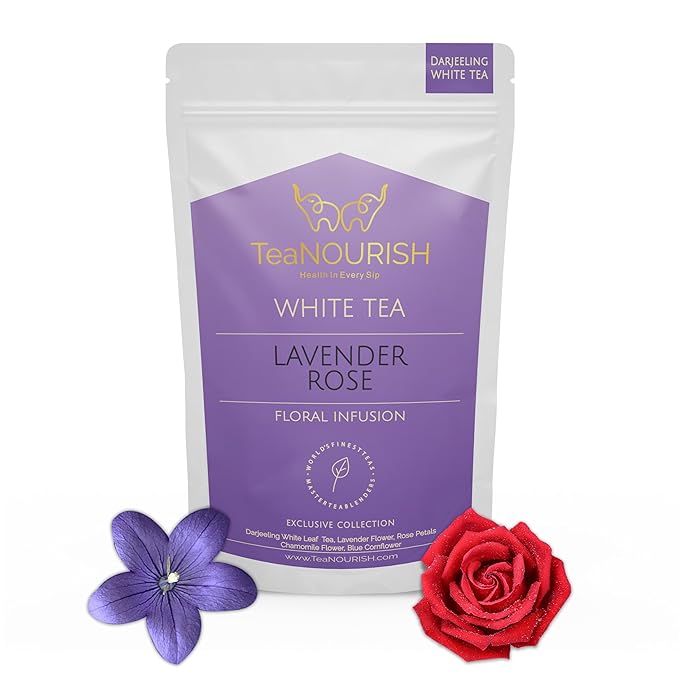 TeaNOURISH Lavender Rose White Tea | Darjeeling Silver Needles White Loose Leaf Tea Blended with