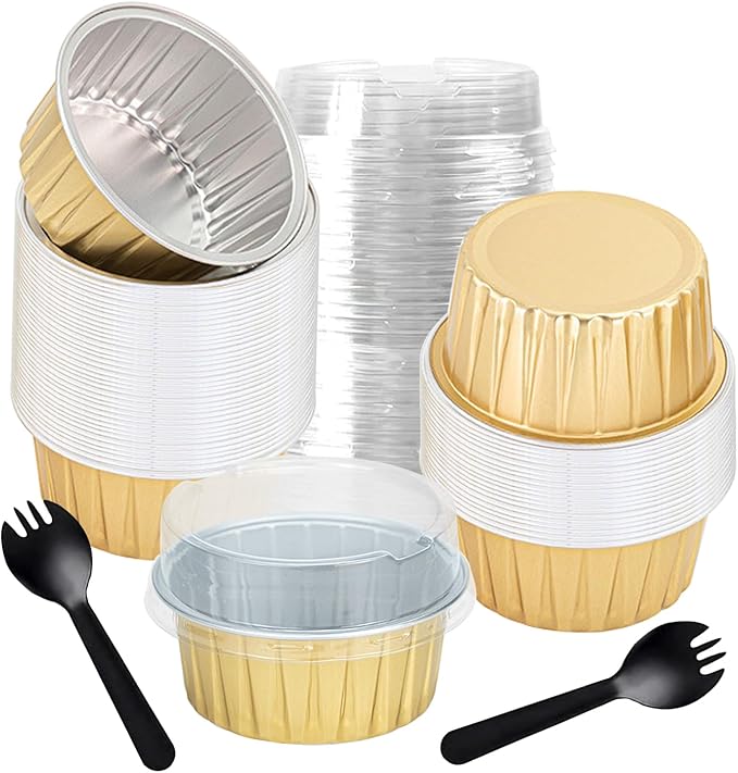 60 Pcs Mini Cake Pans with Lids,5oz Aluminum Foil Baking Cups Round Mini Disposable Ramekins 125ml