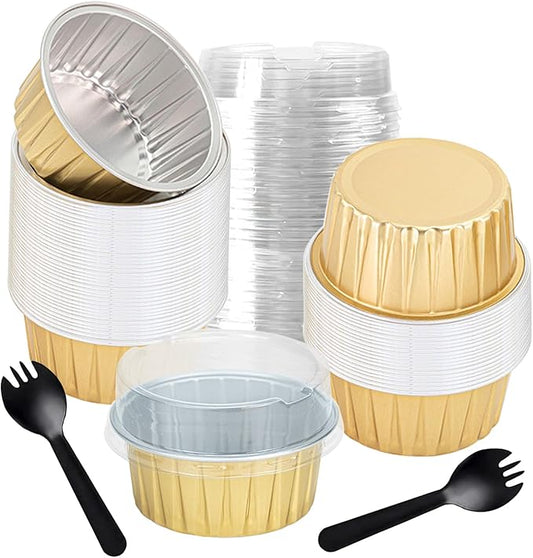 60 Pcs Mini Cake Pans with Lids,5oz Aluminum Foil Baking Cups Round Mini Disposable Ramekins 125ml