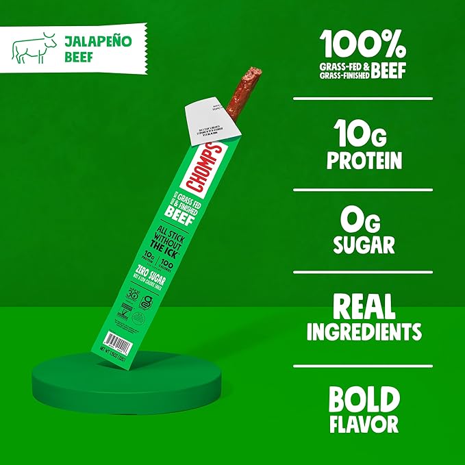 Chomps Grass-Fed and Finished Jalape챰o Beef Jerky Snack Sticks 24-Pack - Keto, Paleo, Whole30, 10g