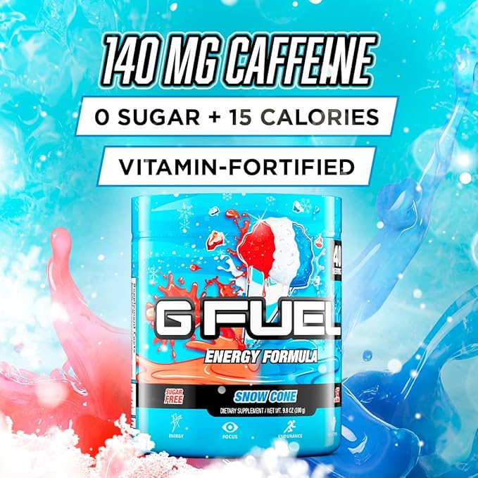 G Fuel Snow Cone Energy Drink Powder, Pre Workout Caffeine Mix for Gaming, Sugar Free Focus Amino