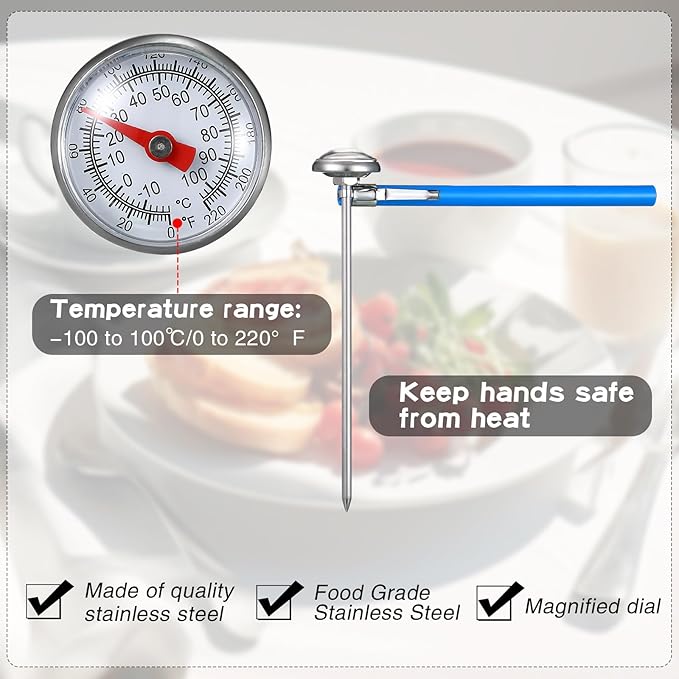 Xuhal 6 Pcs Stainless Steel Kitchen Thermometers with 5 Inch Long Stem 1 Inch Dial Milk Frothing