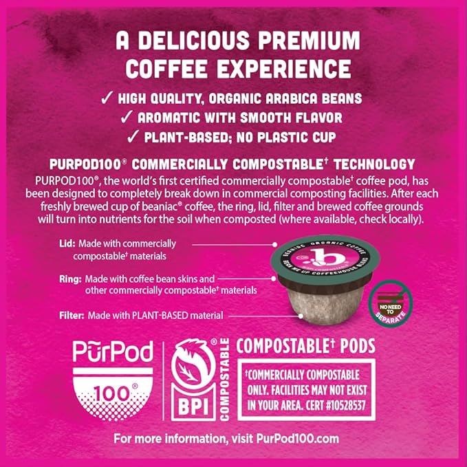 beaniac Organic Bean Me Up Coffeehouse Blend, Medium Roast, Single Serve Compostable K Cup Coffee