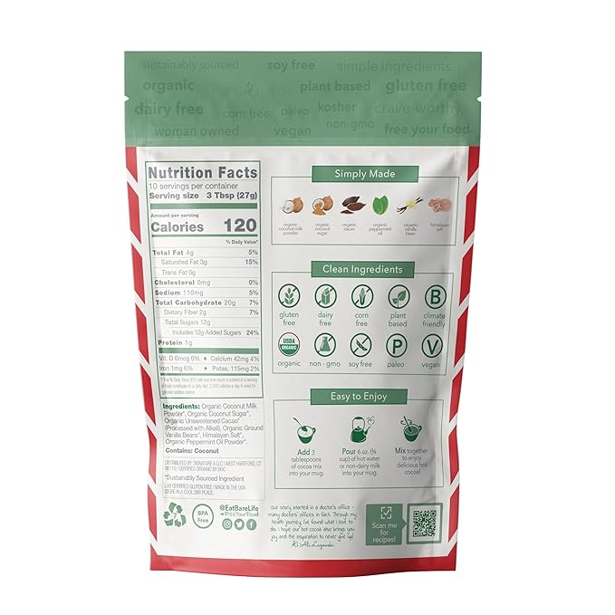 Bare Life: Instant Dairy Free Peppermint Hot Cocoa Mix - 10 Serving Pouch | Gluten Free, Vegan