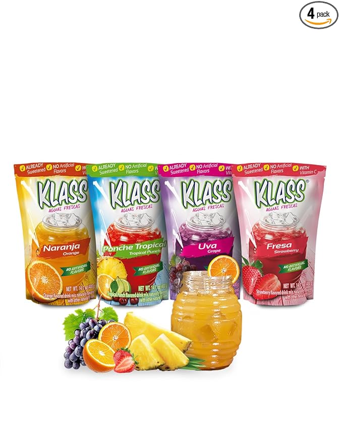 Klass Aguas Frescas | Drink Mix Tropical Variety Pack | Strawberry , Grape, Tropical Punch & Orange